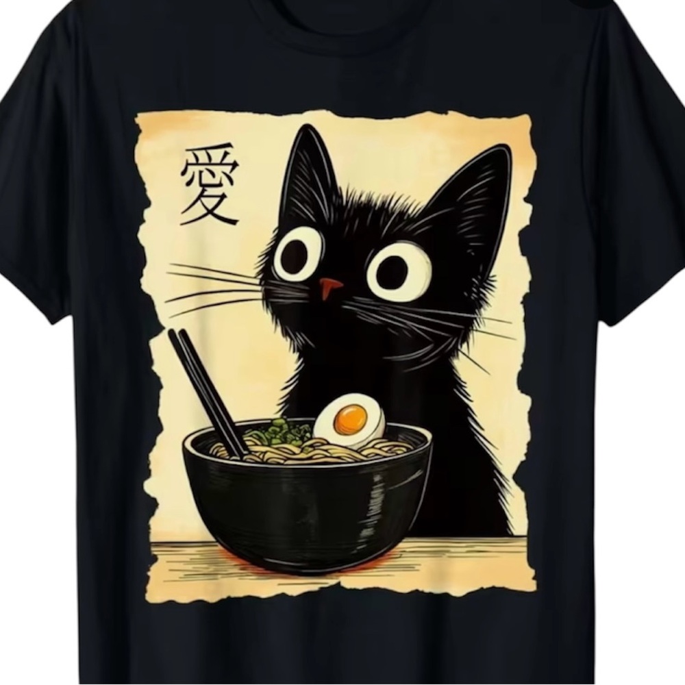 Men’s Large Anime Cat Ramen T-Shirt 100% Cotton Kawaii Black Tee
